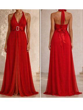 Jessica Gorgeous Red Halter Maxi Dress Open Back Formal Gown Prom Dress  size 14